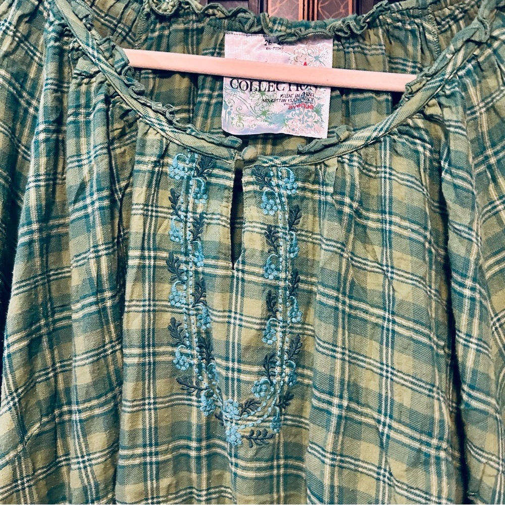 Perdian Chic Artisan Collection Green Cotton Plaid Embroirdered Top Size 26/28 - Picture 9 of 11